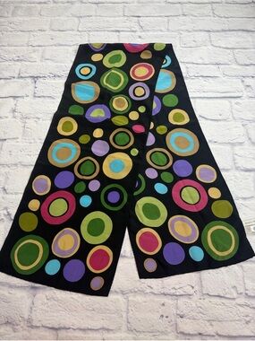 Vintage 80’s Black Silk Scarf with Green, Olive, Pink and Gold Circles. Artsy.